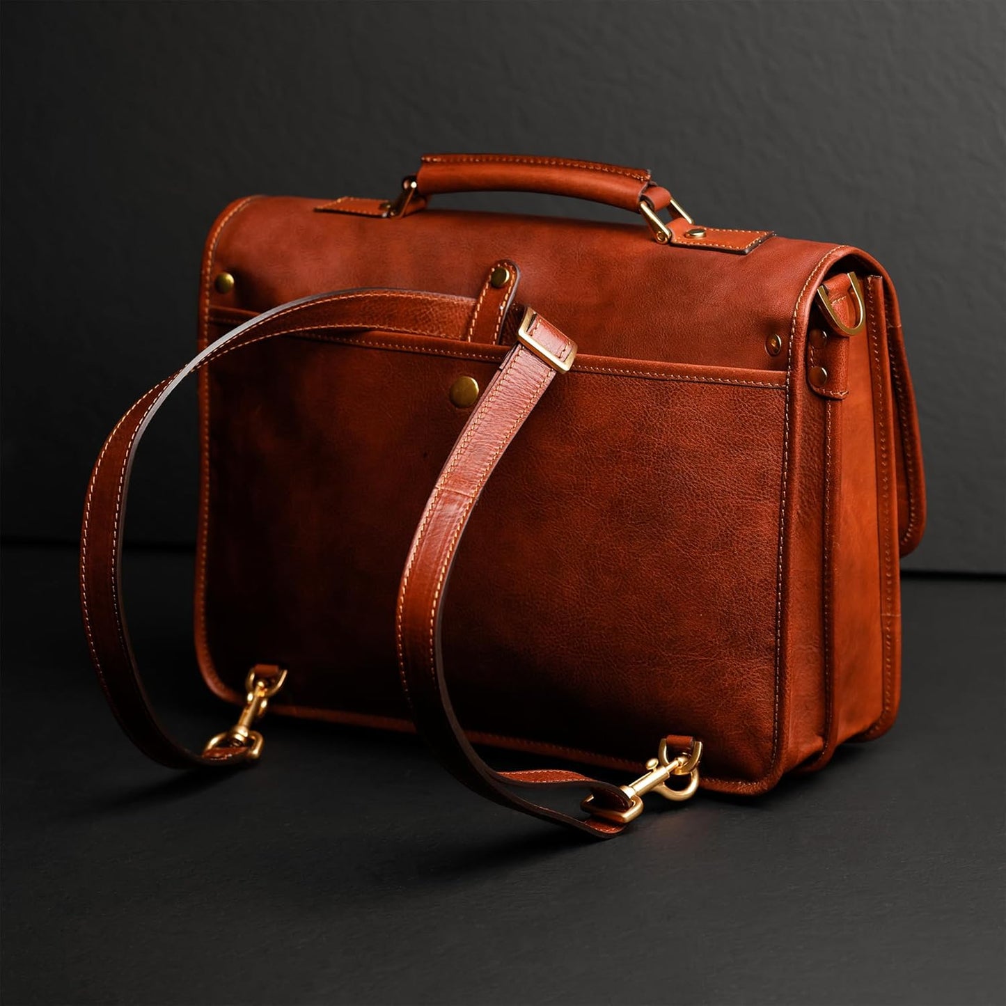 Time Resistance Leather Briefcase – Italian Handmade Leather Laptop Bag – Briefcase Convertible