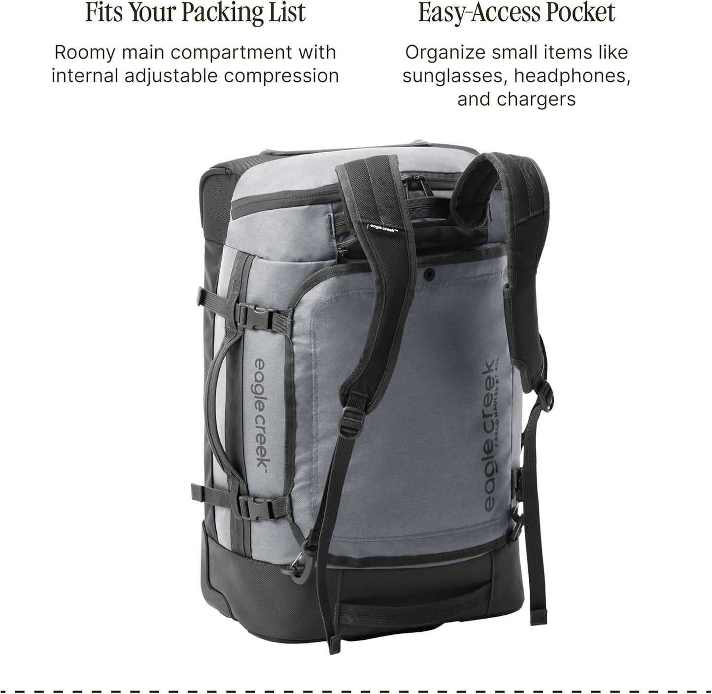 Eagle Creek Cargo Hauler XT Wheeled Duffel - Wheeled Backpack Duffel - Deployable Backpack Straps - Lockable U-Lid & Easy Access Compartment - Charcoal