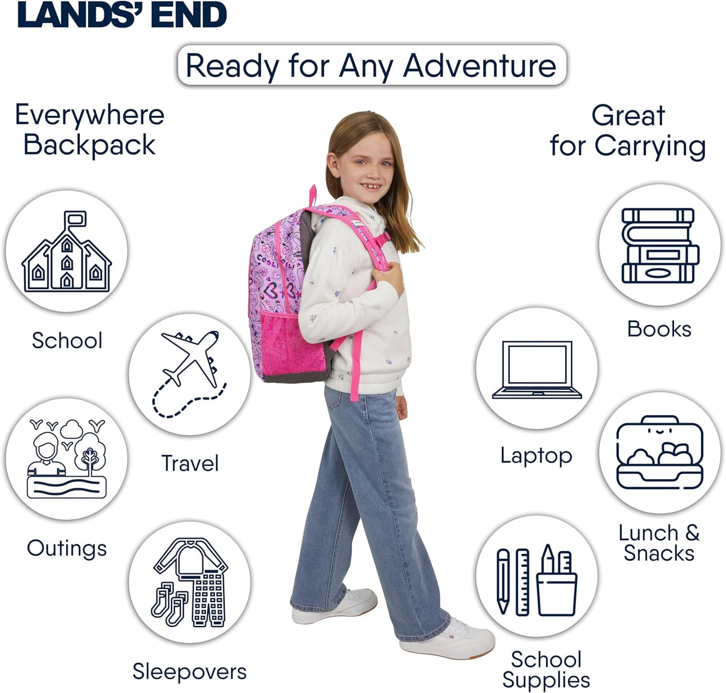 Lands' End Unisex Kids Medium ClassMate Lightweight Durable Elementary School Backpack, Fuchsia Pink