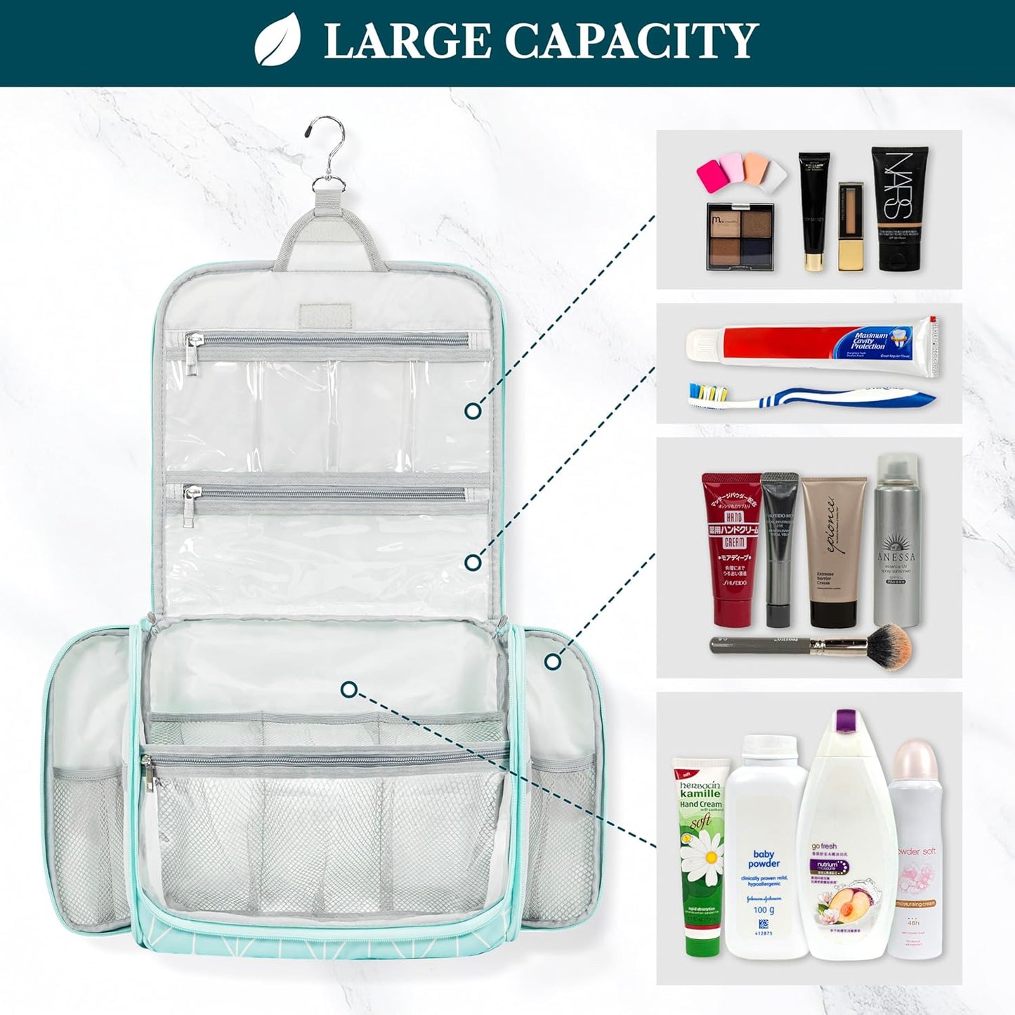 PAVILIA Large Hanging Toiletry Bag Travel Bag Women Men, Cosmetic Organizer, Water Resistant Makeup