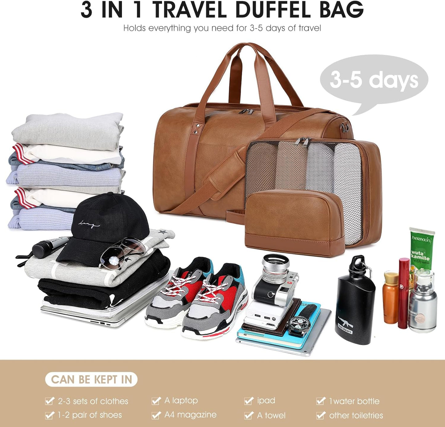 Wogarl 3PCS Leather Weekender Bag for Women Men Large Overnight Duffel Bag with Shoe Compartment Toiletry Packing Cube Carry On Bag Fit 21" Laptop (Light Brown)