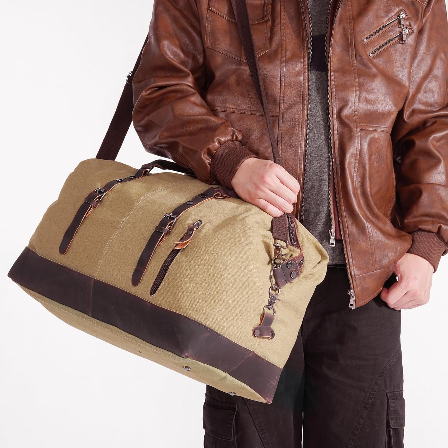 Weekender Travel Bag for Men & Women, Large Overnight Duffle Carry On Bag with Easy-Grip Handles, Gym Tote for Work, Weekend Trips, Sports (Khaki)