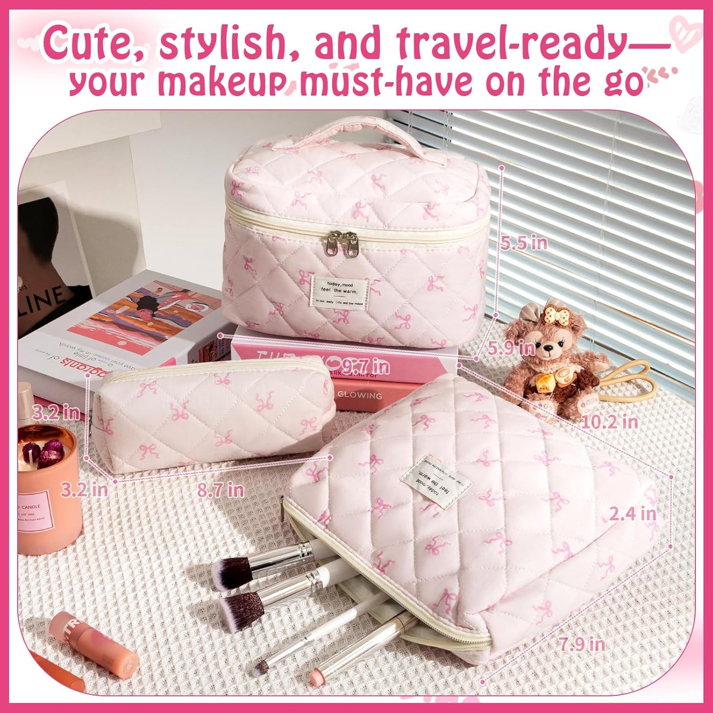 Quilted Makeup Bag, Large Capacity Travel Cosmetic Bag for Women and Girls, Aesthetic Storage for Daily and Travel Use (3PCS-Pink SlimBow)