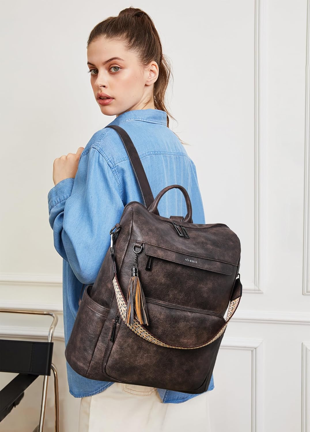 Shrrie Vegan Leather Laptop Backpack for Women 15.6 inch Work Backpack Fashion Travel Backpack