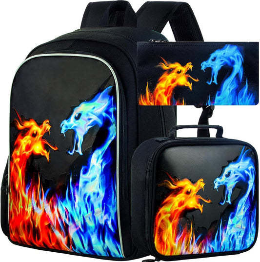 CCJPX 3PCS Backpack for Boys, 16 Inch Kids Red Blue Fire Dragon Water Resistant Preschool Backpacks, Kindergarten School Bookbag Set for Travel