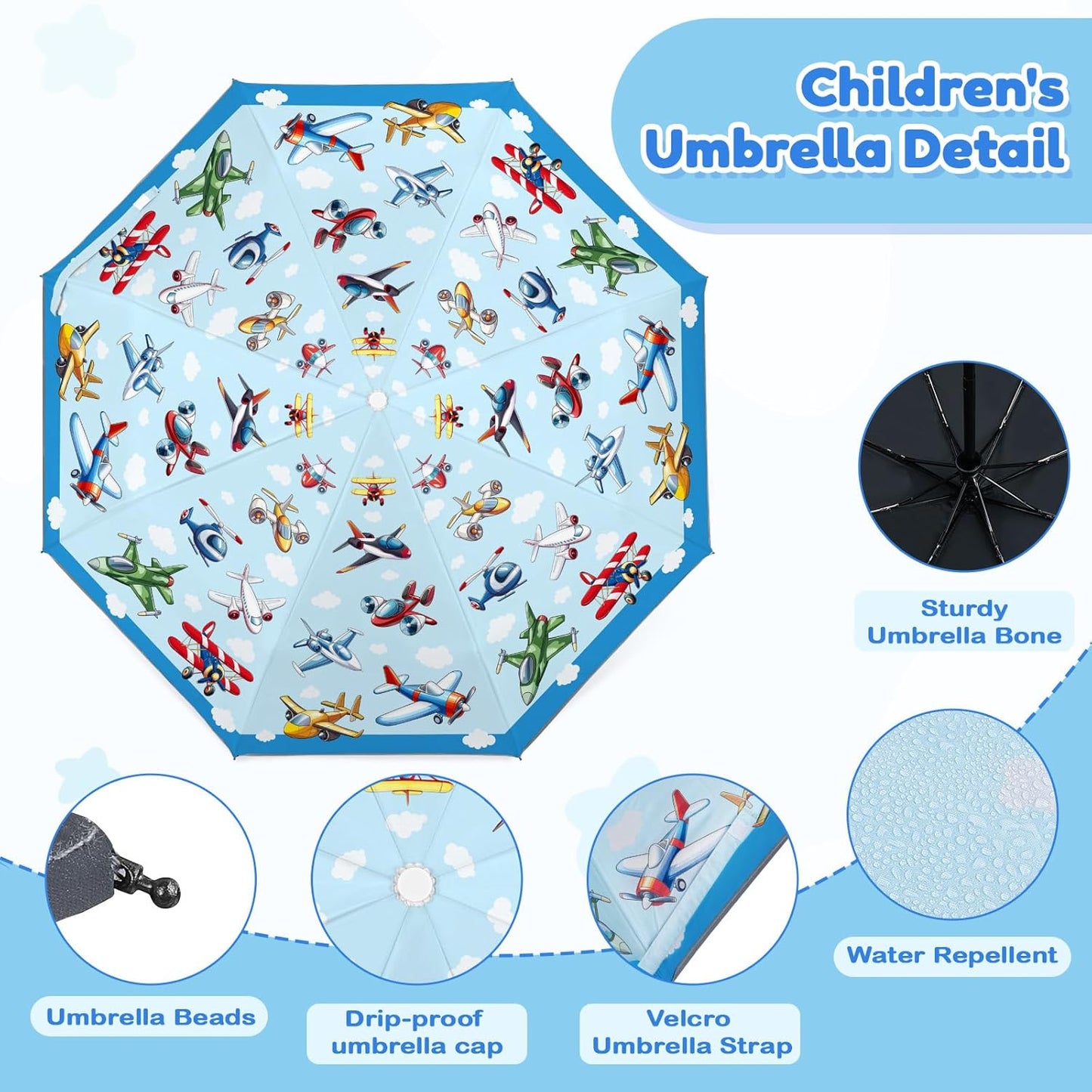 Autoamtic Kids Umbrella UV Resistant, Folding Compact Umbrella 360° Reflective Strip for Travel Outdoor, Lightweight Cute Kids Parasol Anti-rebound Safe for Toddler