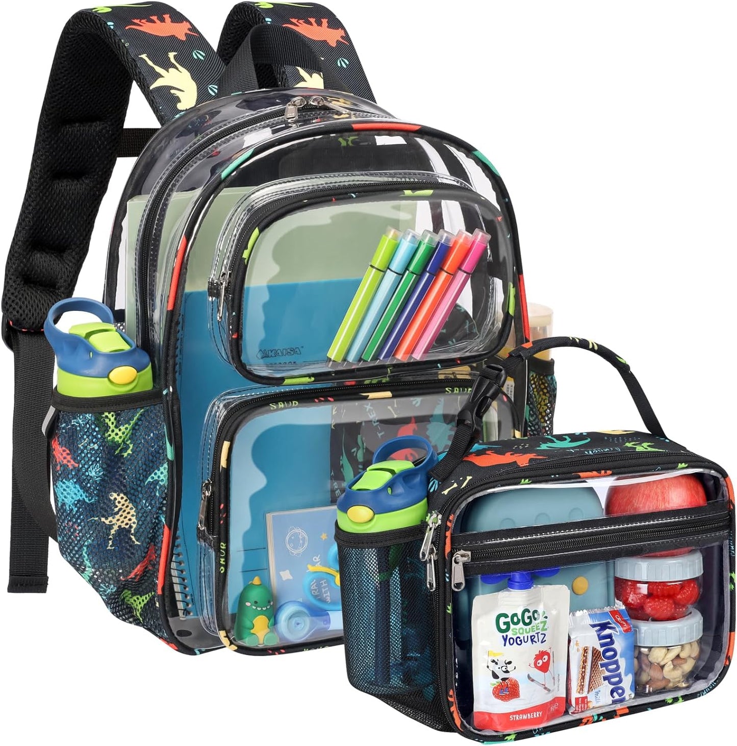 Bagseri Clear Backpack for Boys - 15 Inch Kids Backpack With Lunch Bag, Heavy Duty Bookbag for School, See Through Transparent for Kids Aged 3 to 8, Black Dinosaur