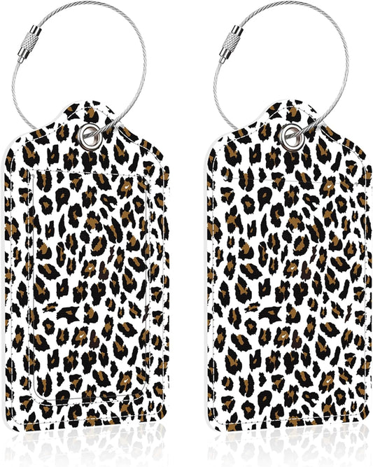 2 Pack Luggage Tag for Suitcase,Cheetah Print PU Leather Suitcase Tags Identifiers with Privacy Name Address Labels and Steel Loop for Women Men Travel