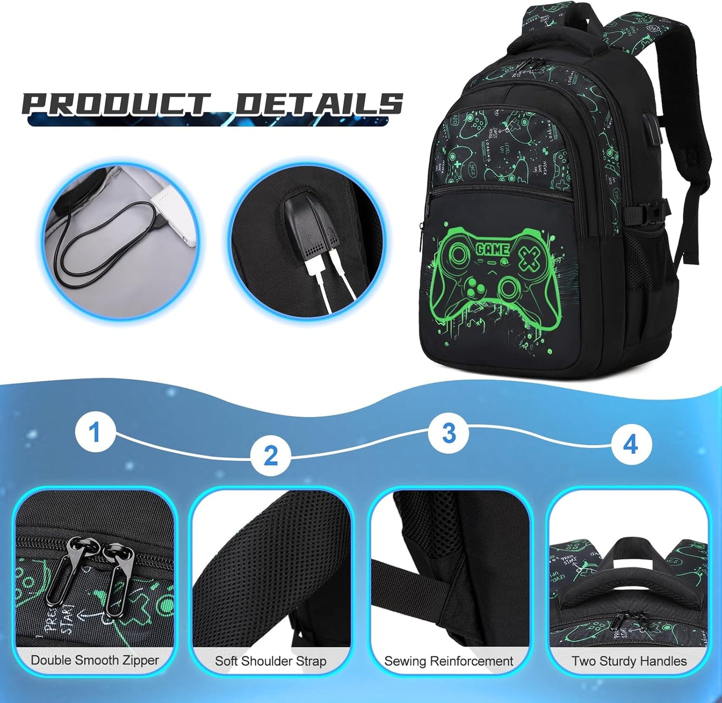 Boys Backpack for School, 3PCS Cool Luminous Gamer Backpack for Boys with Lunch Box Pencil Case, Kids Backpacks Bookbag for Teen Boy Elementary Middle High School with USB Charging Port