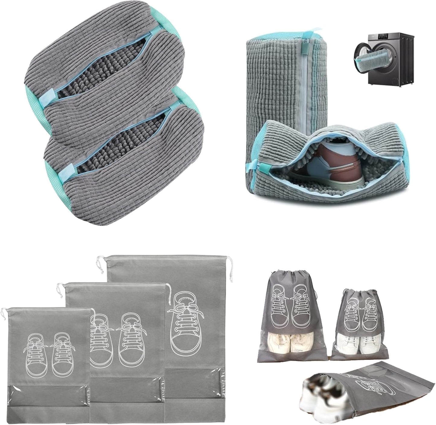 Shoe Washing Machine Bag, Shoe Laundry Bag for Washer and Dryer,360 Degrees Wrap-Around Cleaning,Reusable,Durable Zipper(2 PCS washing bag and 3 Pcs shoe bags(SML)) (Gray)