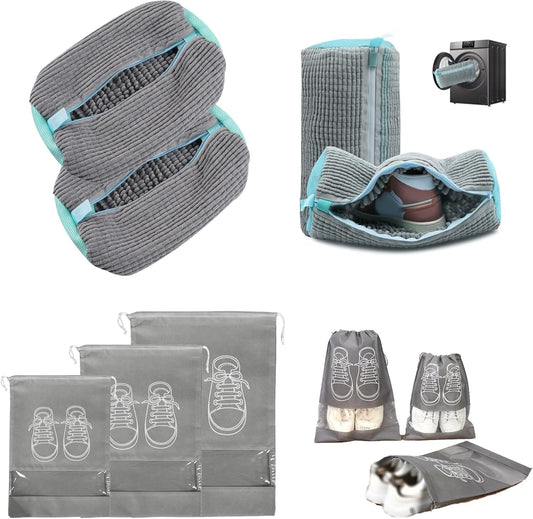Shoe Washing Machine Bag, Shoe Laundry Bag for Washer and Dryer,360 Degrees Wrap-Around Cleaning,Reusable,Durable Zipper(2 PCS washing bag and 3 Pcs shoe bags(SML)) (Gray)