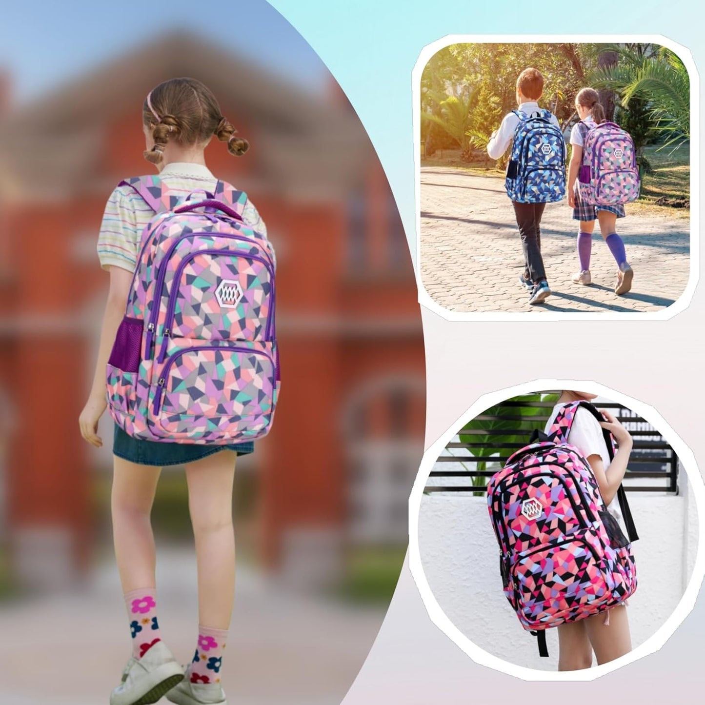 Bansusu Geometric Print Backpacks for Girls Boys School, Capacity School Girls Backpacks for Kids Water-resistant Bookbags, Black-S