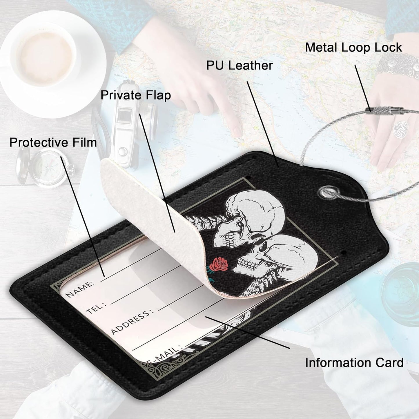 Luggage Tag for Suitcase,Gothic Skull Lovers Rose Unique Travel Tags with Privacy Cover ID Label & Stainless Steel Loop for Men Women