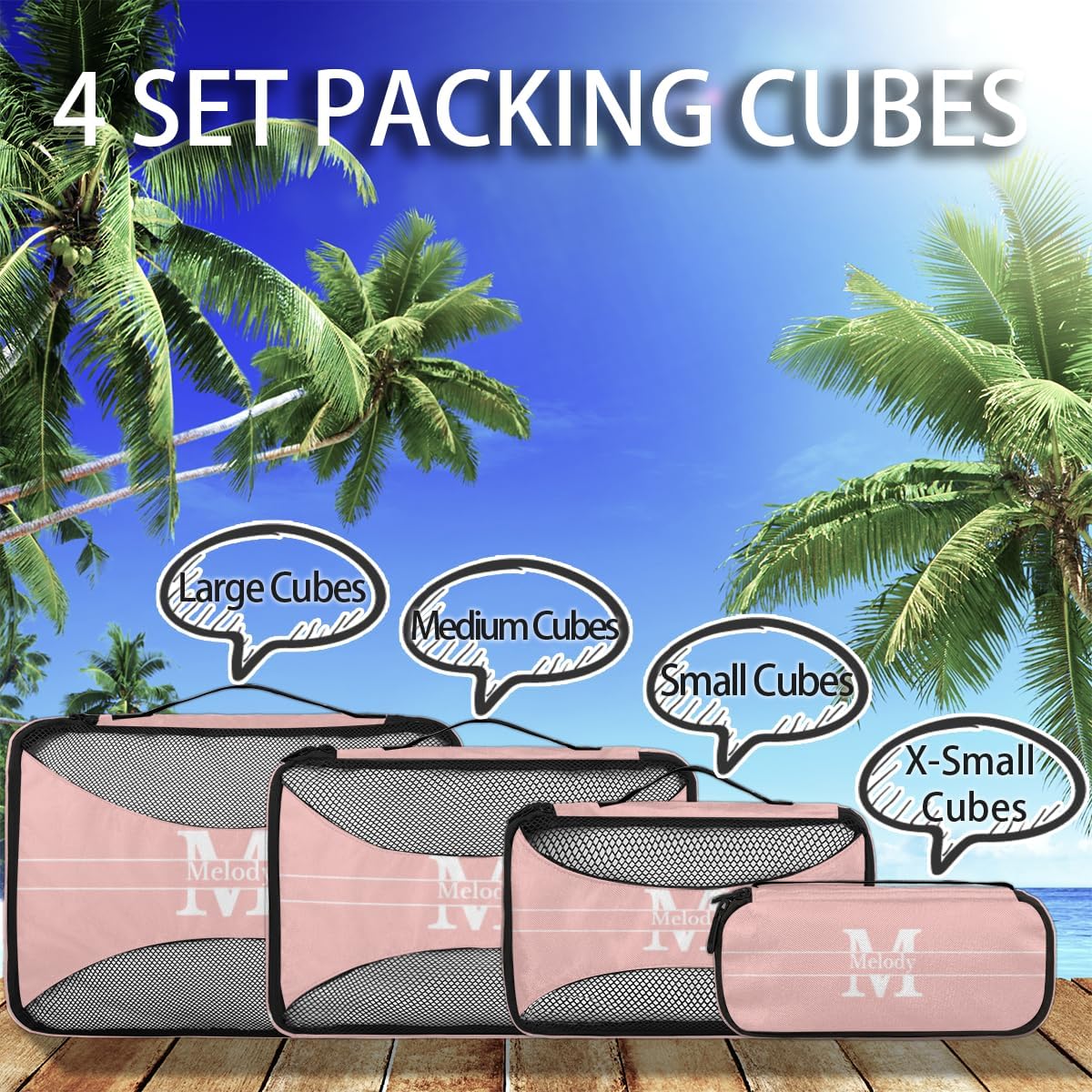 Custom Packing Cubes with Name, 4Pcs/Set Travel Luggage Packing Organizers Set for Women, Pale Pink Background with Initial Letter