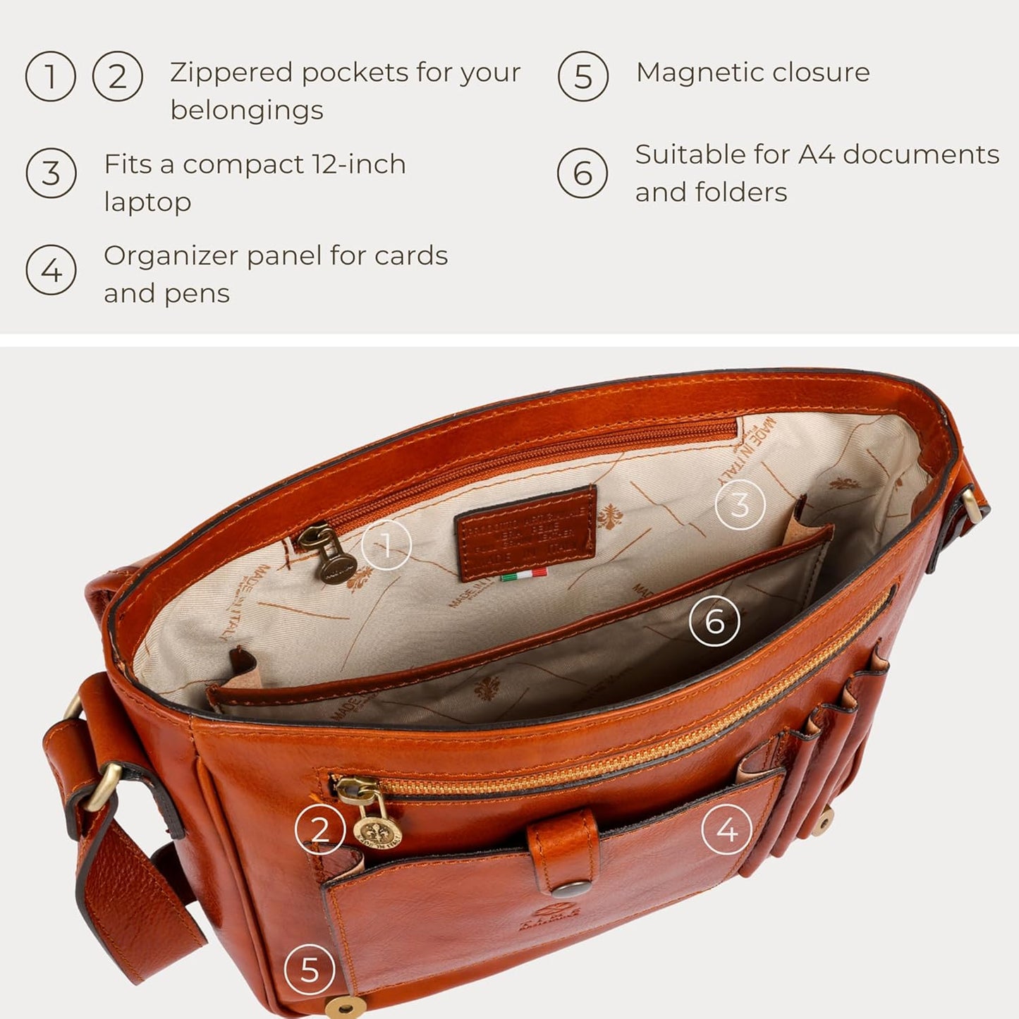 Time Resistance Leather Messenger Bag for Men, Handmade Crossbody Bag, Shoulder Bag Made in Italy