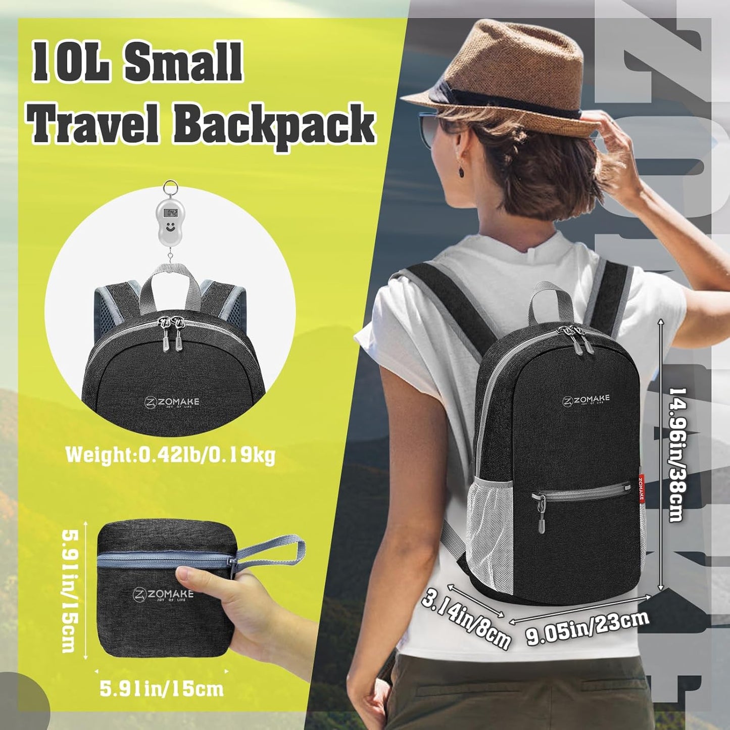 ZOMAKE 10L Lightweight Packable Hiking Backpack, Small Travel Hiking Daypack for Women Men Tear Resistant Foldable Day Pack for Camping Outdoor Sports(Black)