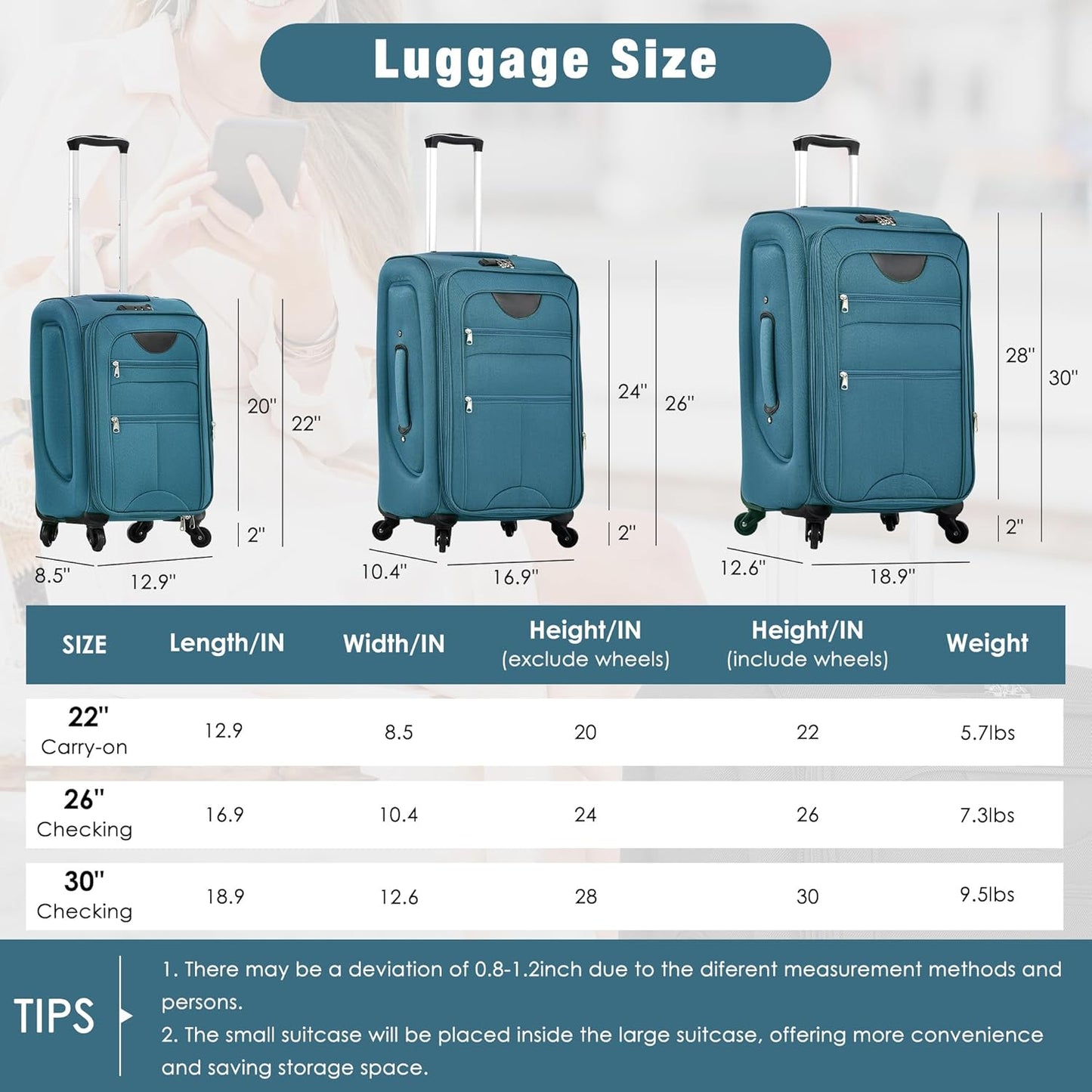 Merax Softside Luggage Set Softshell Lightweight 3 Piece Spinner Suitcase with Duffel Bag Expandable Upright Travel Luggage 22" 26" 30",Blue Green