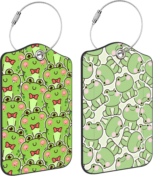 2 Pack Luggage Tag for Suitcase Cute Frog Leather Travel Cruise Luggage Tag with Stainless Steel Loop Name ID Label Privacy Cover for Adults Teens Travel Bag Labels Set