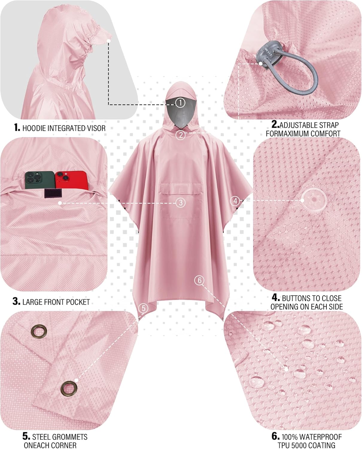 iCreek Hooded Rain Poncho Packable Unisex Raincoat Jacket with Pocket Waterproof Lightweight for Hiking, Camping, Outdoor