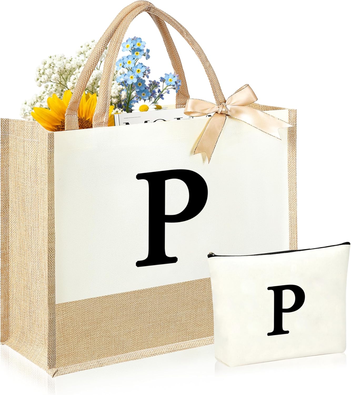 Initial Canvas Tote Bag & Makeup Bag for Women Teacher Bridesmaids，Personalized Present for Wedding, Birthday, Beach