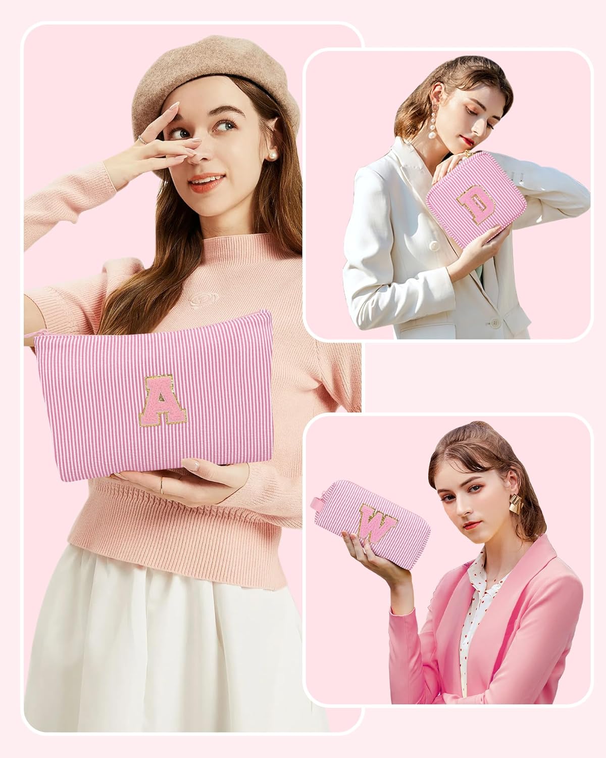 MONSTINA Monogram Cosmetic Bag,Initial Makeup Bag|Personalized Gifts for Women Friends|Cute Toiletry Make Up Traveling Stuff Organizer 3PCS Pink D