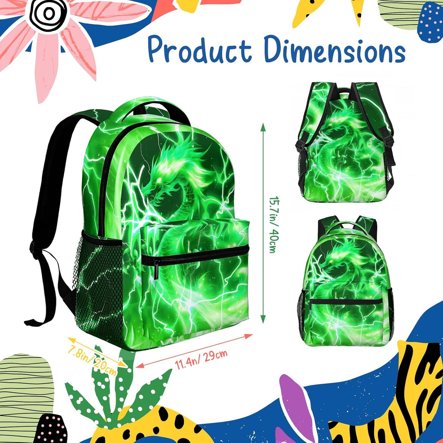 Green Dragon Kids Backpack For Boys Girls Elementary Schoolbag Kindergarten Bookbags Preschool School Bag Toddler Book Bags Travel Bag Hiking Camping Rucksack Daypack Students Back To School Gifts