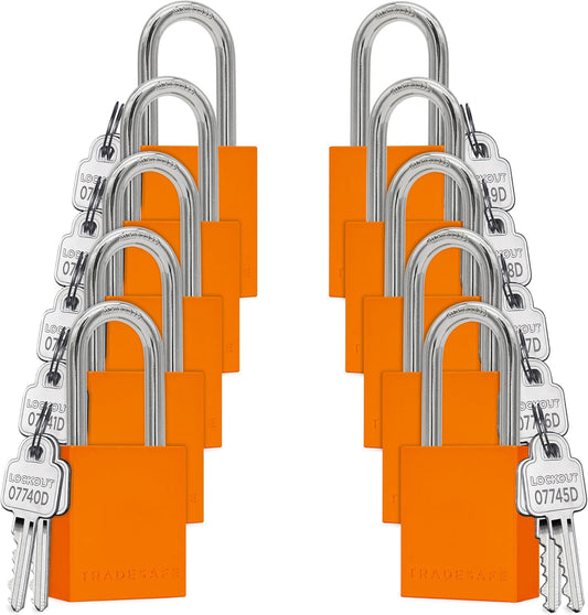 TRADESAFE Lockout Tagout Locks Set - 10 Orange Aluminum Loto Locks, Keyed Different Lock Out Tag Out Padlocks, 2 Keys Per Lockout Padlock, OSHA Compliant
