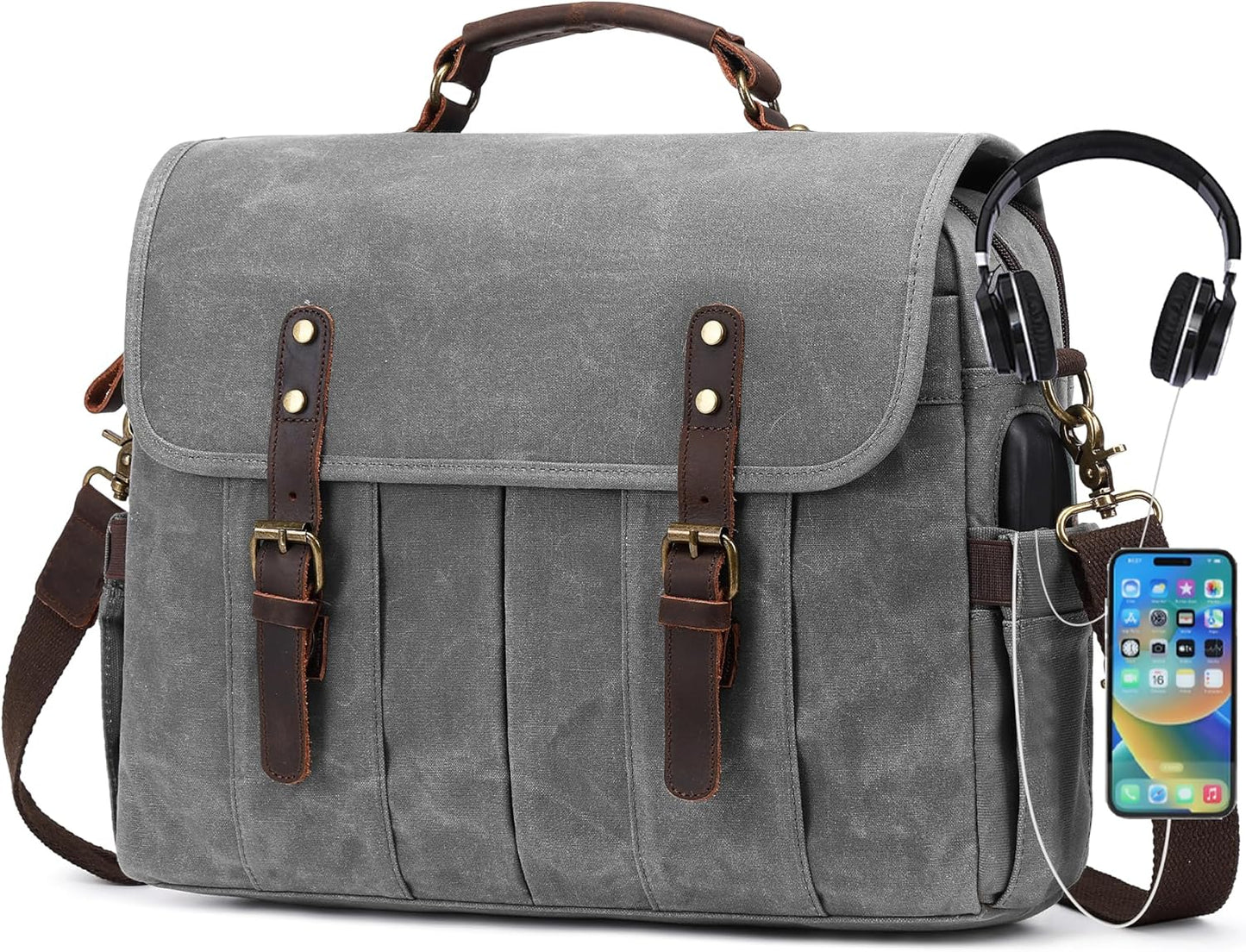 Messenger Bag for Men 15.6 Inch Vintage Canvas Genuine Leather Briefcase for Men Laptop Bag Satchel