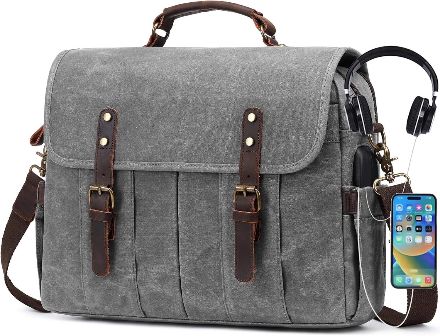 Messenger Bag for Men 15.6 Inch Vintage Canvas Genuine Leather Briefcase for Men Laptop Bag Satchel