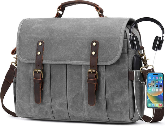 Messenger Bag for Men 15.6 Inch Vintage Canvas Genuine Leather Briefcase for Men Laptop Bag Satchel Shoulder Bag