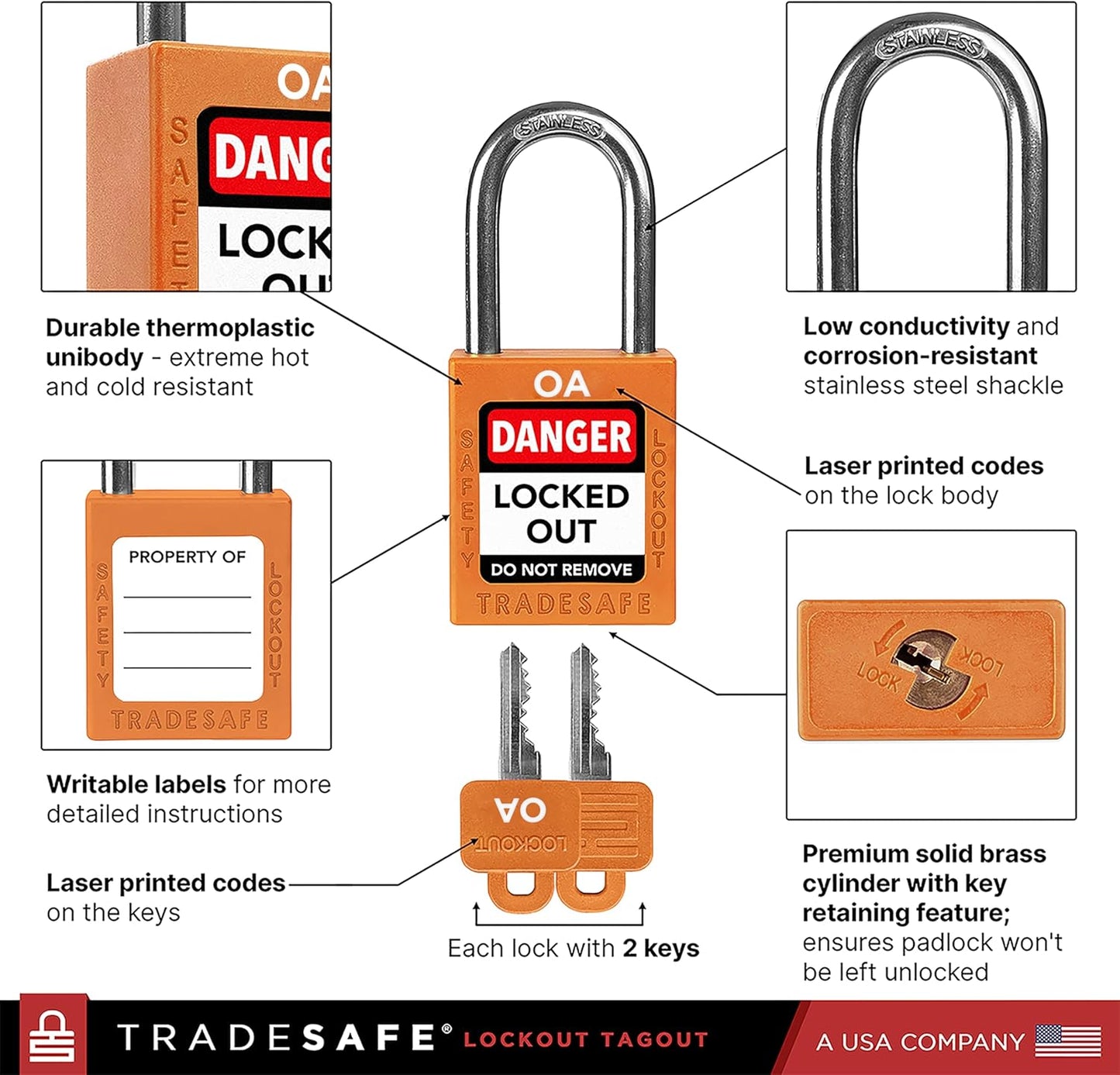 TRADESAFE Lockout Tagout Locks Set, 10 Orange Keyed Alike Unlimited Grouping Safety Padlocks, 2 Keys Per Lock, OSHA Compliant Loto Locks for Lock Out Tag Out Kits