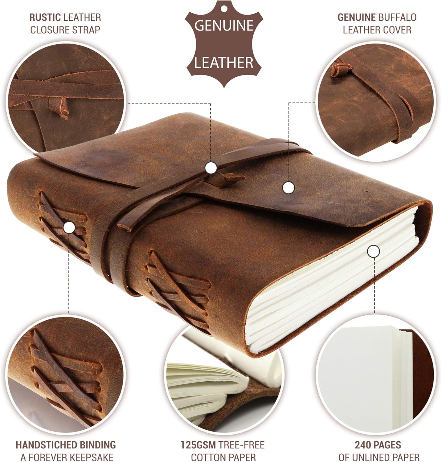 moonster Leather Journal Writing Notebook, Vintage Handmade Bound Notepad for Men Women - Write in Plain Thick Paper, 7x5 Inch Small Blank Pages, Drawing Sketchbook, Travel Diary, Unlined Note Book