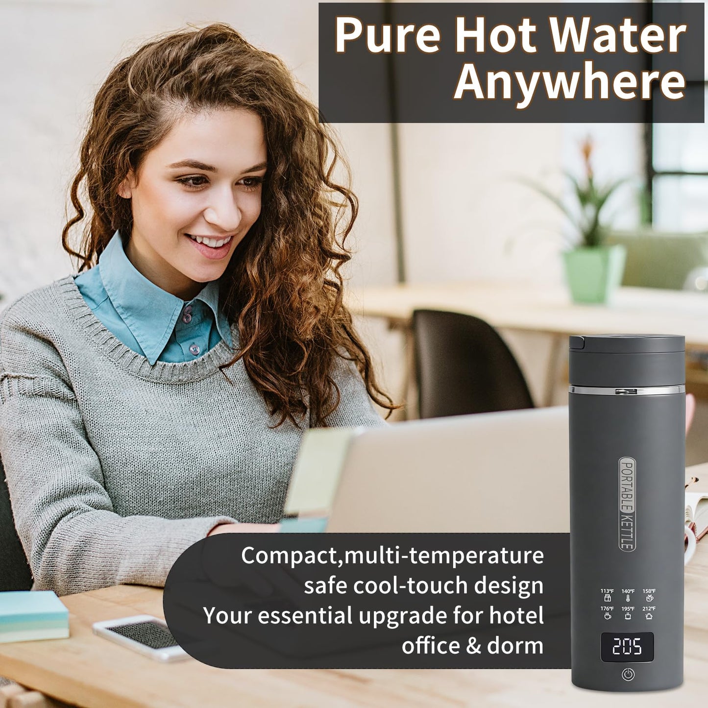 Travel Electric Kettle, LCD Display with 6 Temperature Settings, 304 Stainless Steel, 450ml/15.2oz