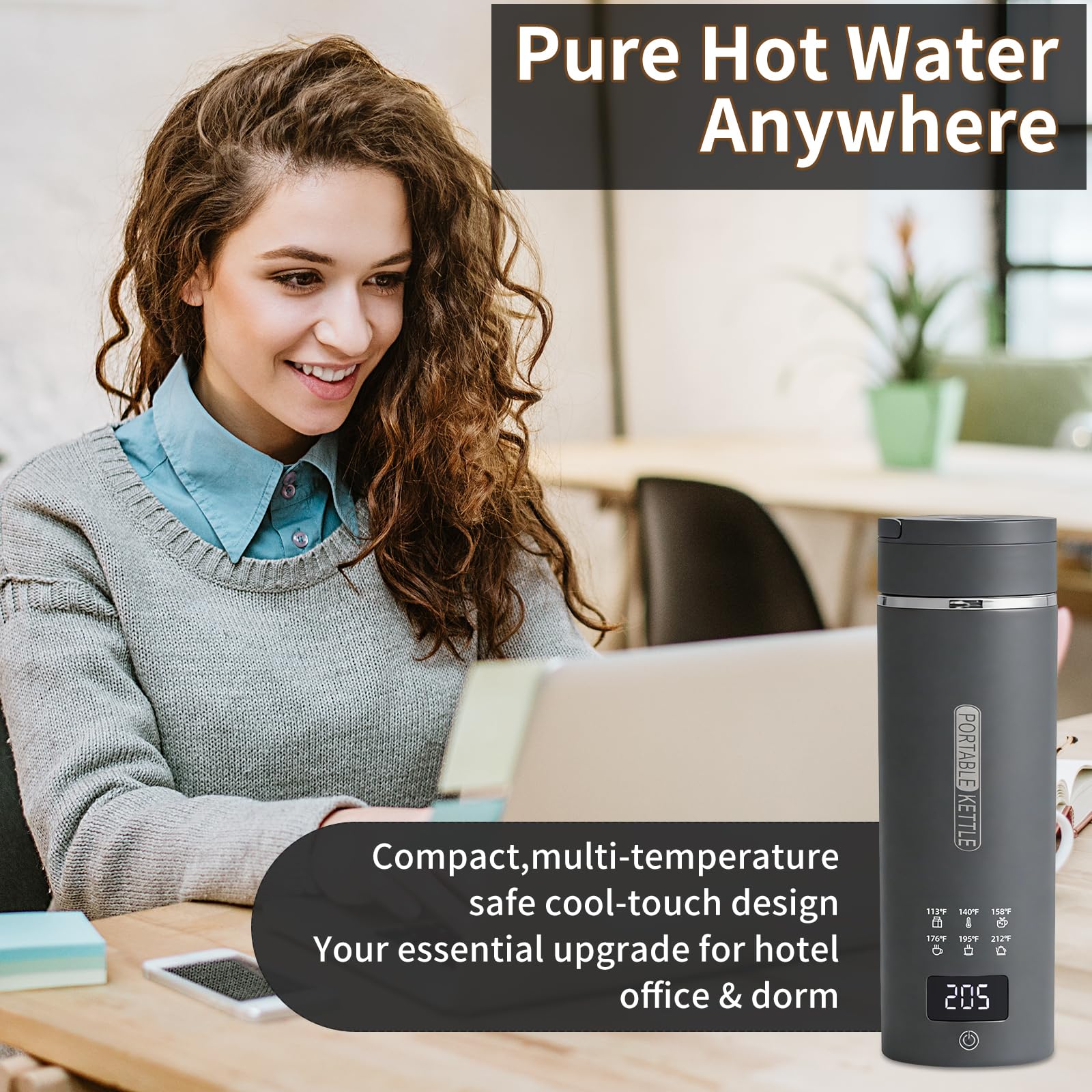 Travel Electric Kettle, LCD Display with 6 Temperature Settings, 304 Stainless Steel, 450ml/15.2oz