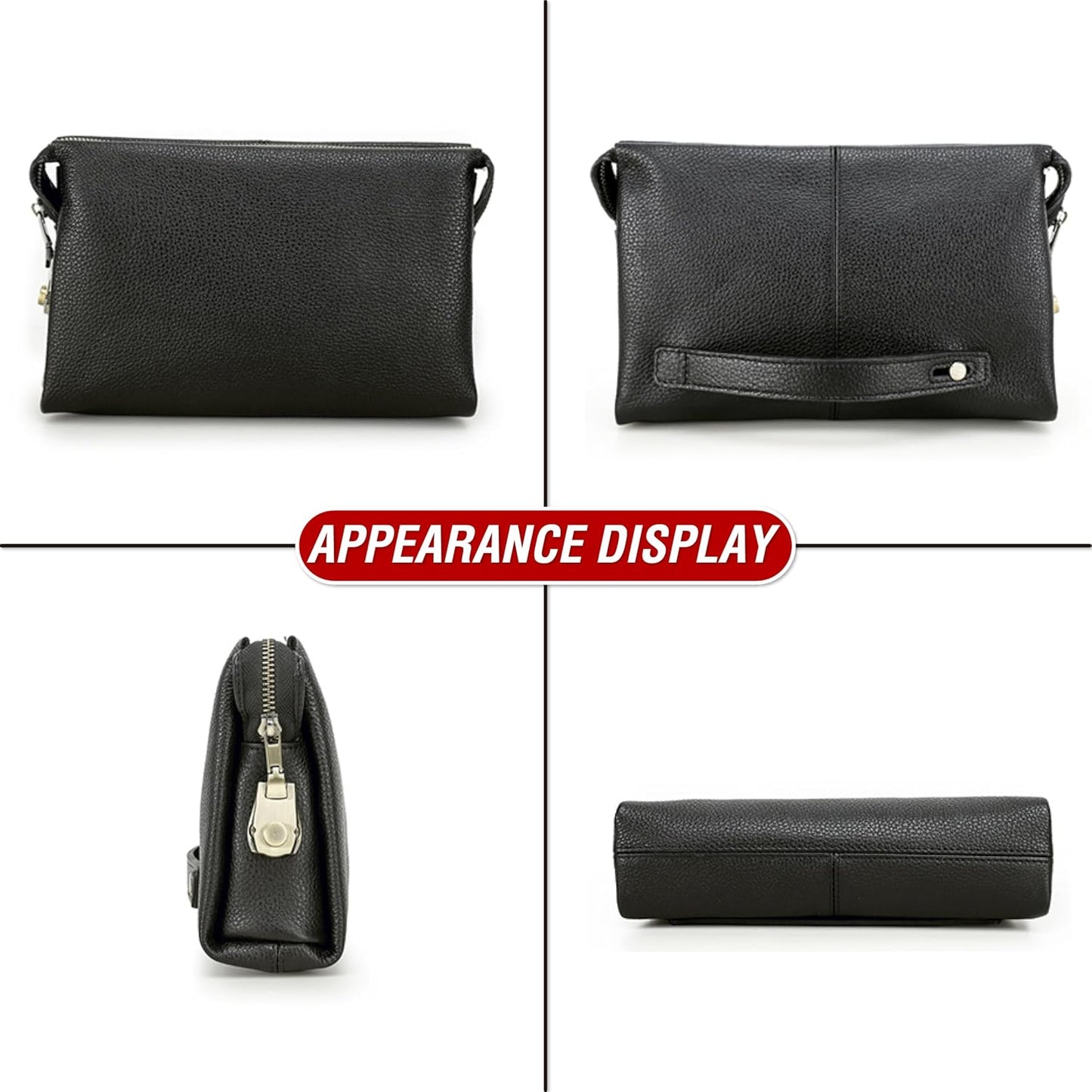 Top Grain Genuine Leather Clutch Wallet Bag for Man & Woman, Handmade Retro Design, Combination Lock & Retractable Strap & Multi Pockets/Slots, Portable RFID for Cards/Checks/Phone/Banknote, Black