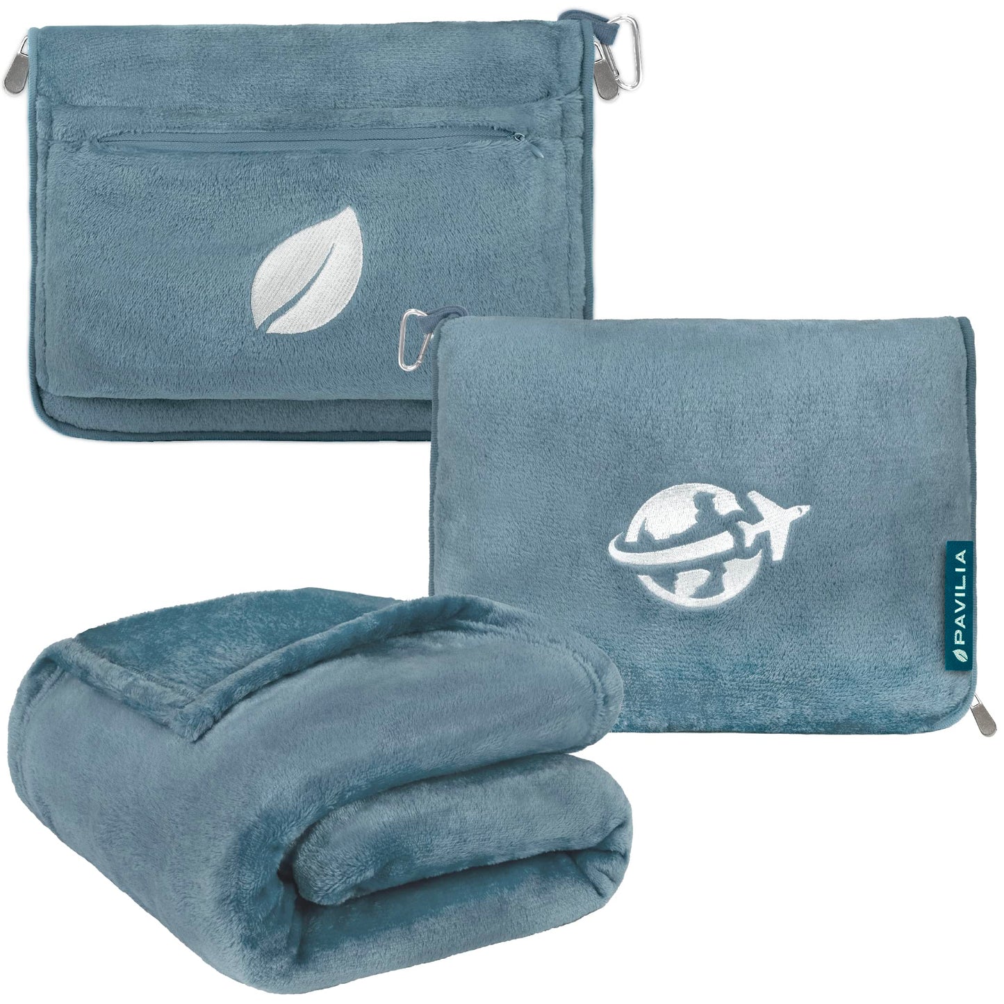 PAVILIA Travel Blanket and Pillow, Arms Opening Airplane Blankets for Adults, Compact Plane Blanket