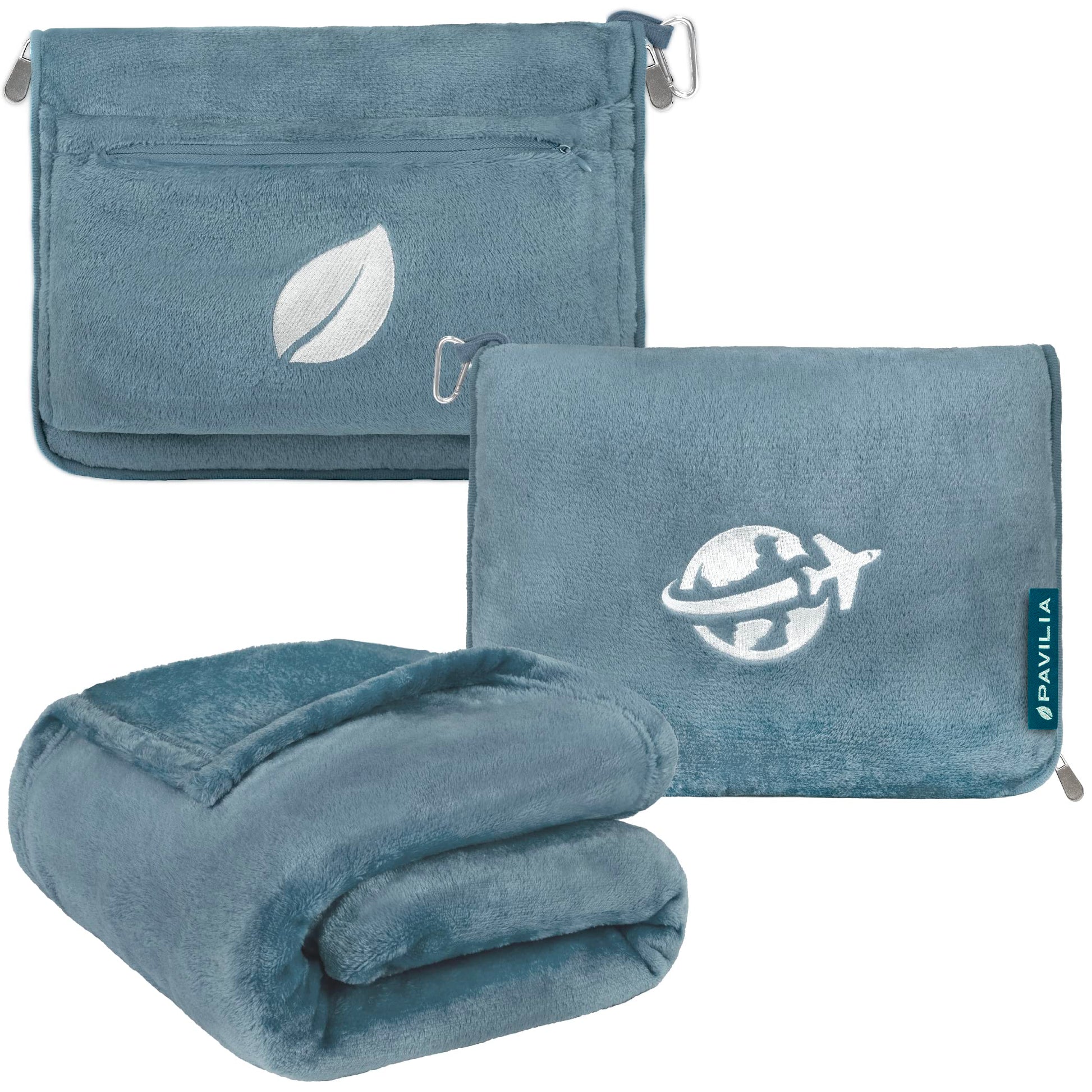 PAVILIA Travel Blanket and Pillow, Arms Opening Airplane Blankets for Adults, Compact Plane Blanket