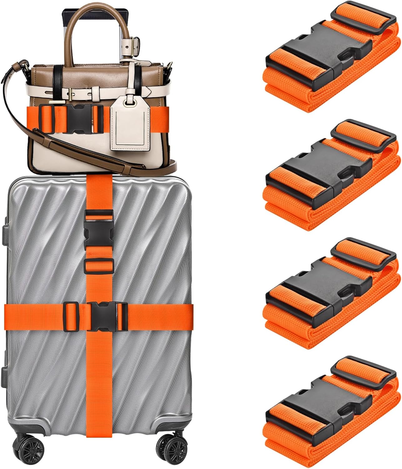 4 Pack Luggage Straps for Suitcases TSA Approved, Travel Belt, Suitcase Strap, by Hiuysid (Orange)