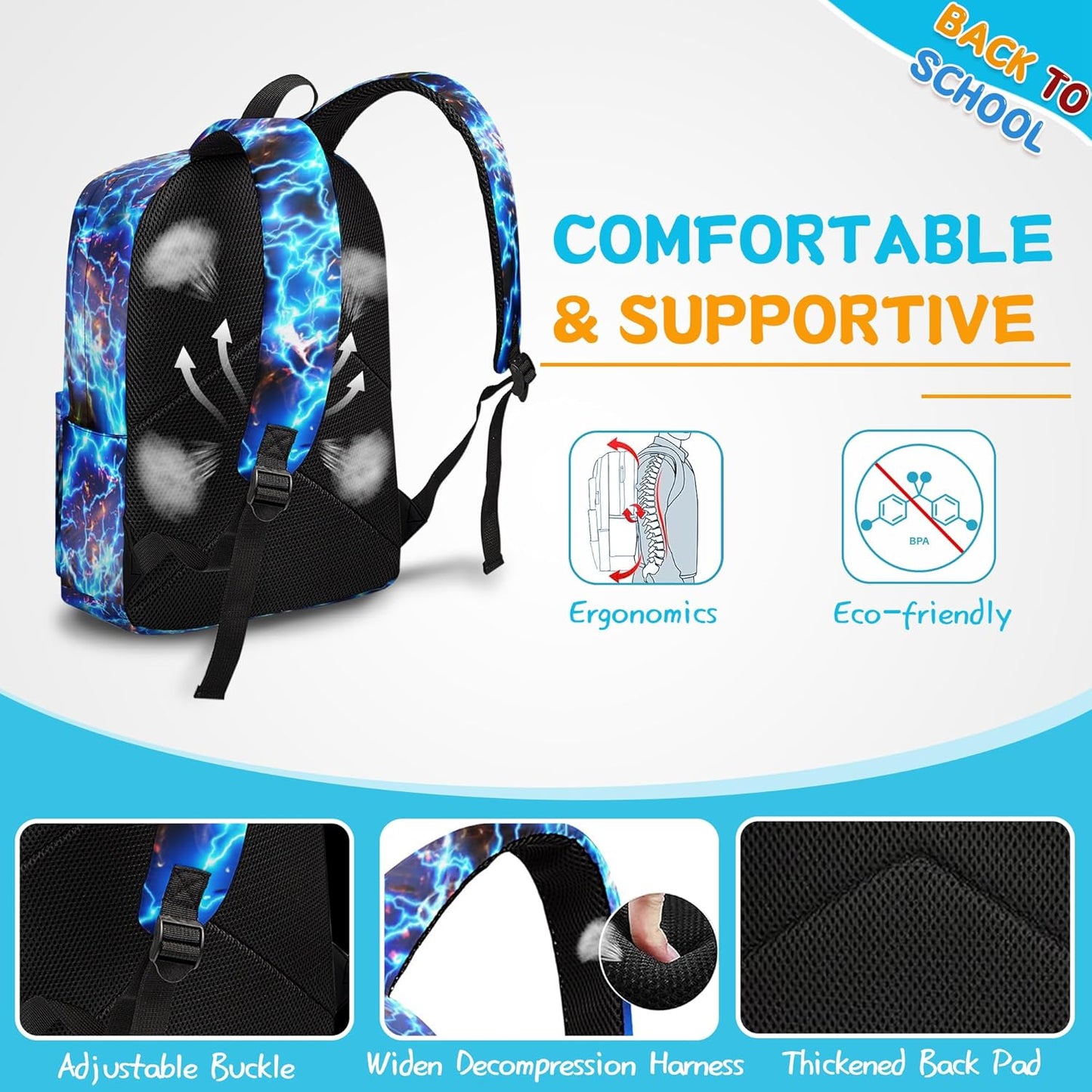 3PCS Lightning Backpack Set for Boys, Large Lightweight 17 Inch Backpack with Lunch Bag & Pencil Case for Kids, Back to School Bookbag for Elementary Middle School -Blue