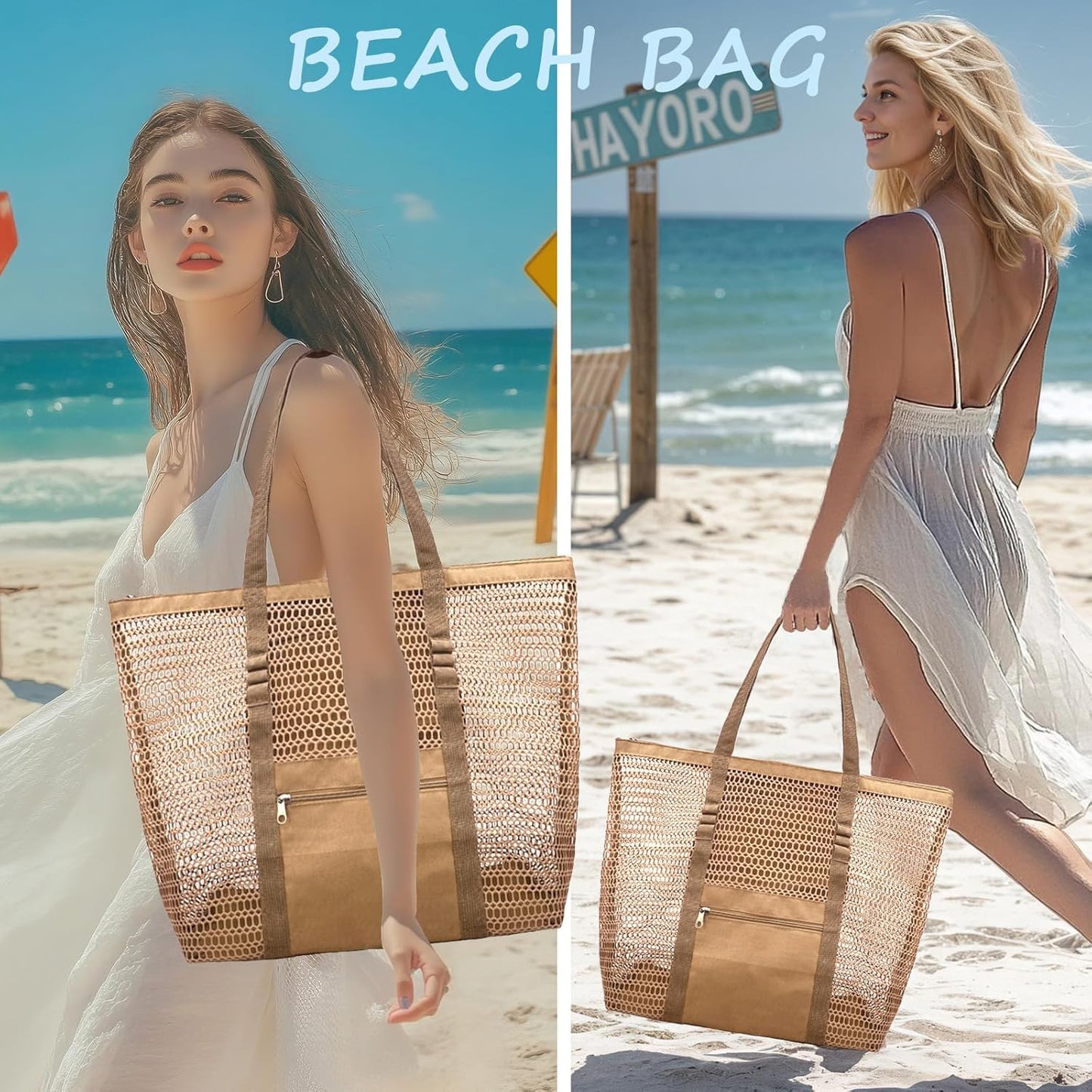 Mesh Beach Bags for Women with Zipper Foldable Hobo Tote Bag Vacation Shoulder Bags for Swimming Pools