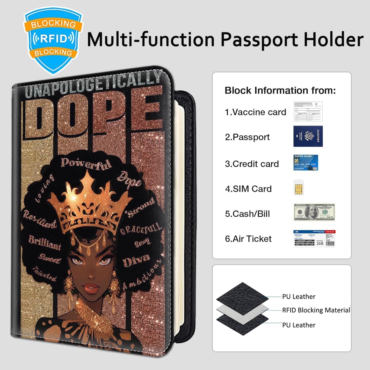 Passport Holder Women Wallet with Luggage Tag, Leather Passport Cover with RFID Blocking, Travel Accessories Multi Card Slot Passport Case for Men，African American Crown Girls