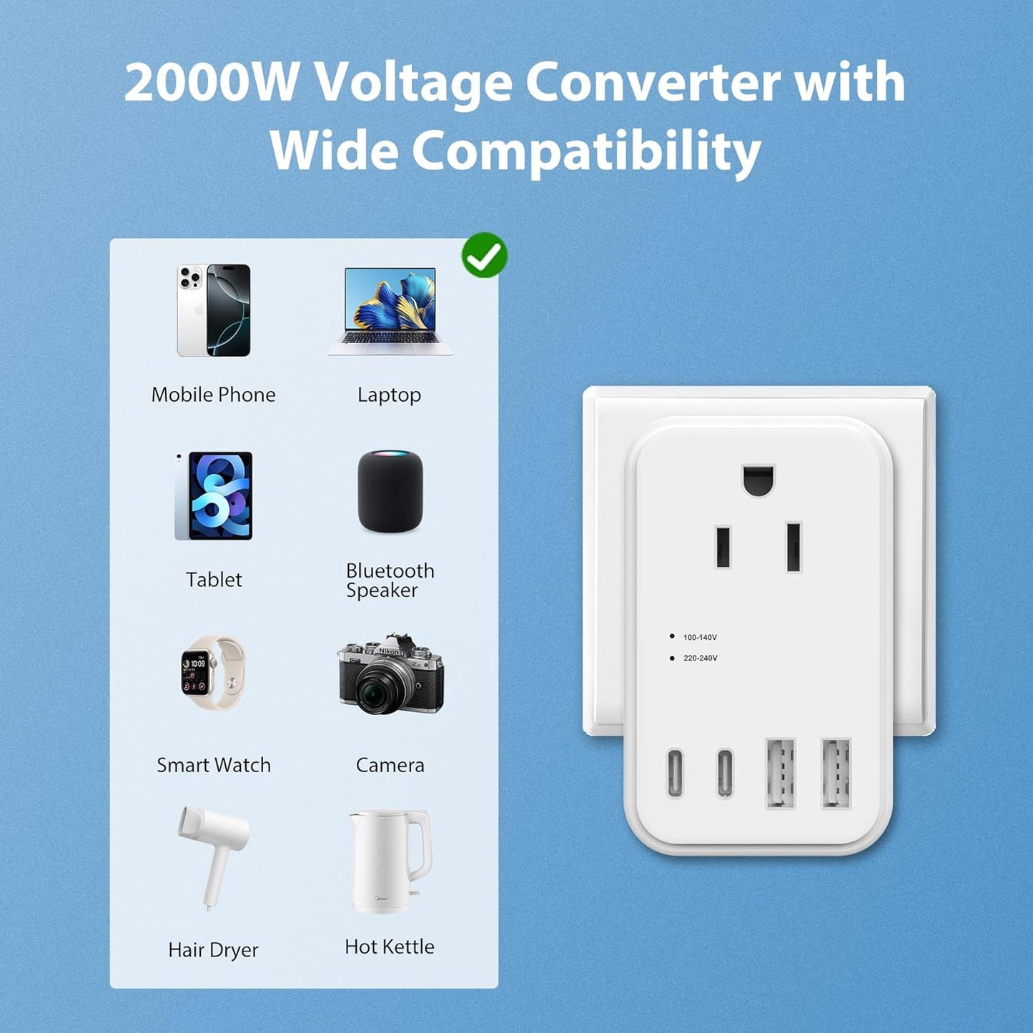 2000W 220V to 110V Voltage Converter US to Europe, Power Converter with Type C, A, G, I Plugs, 2