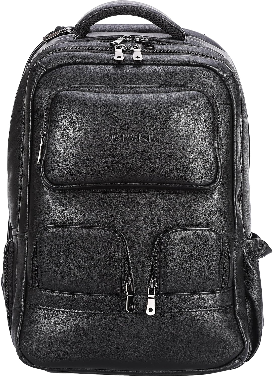 STAR VISTA 15.6" Raphael Calfskin Leather Laptop Backpack, Multi Pockets, Casual Outdoor Business Travel Rucksack, YKK Zippers, Black