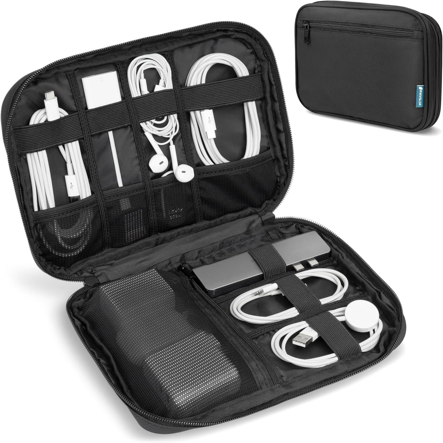 PAVILIA Travel Cord Organizer, Electronic Organizer Travel Case, Tech Organizer Travel Case, Cable Organizer Travel Storage, Small Charger Cord Bag Pouch, Travel Accessories Tech Gifts for Men, Black