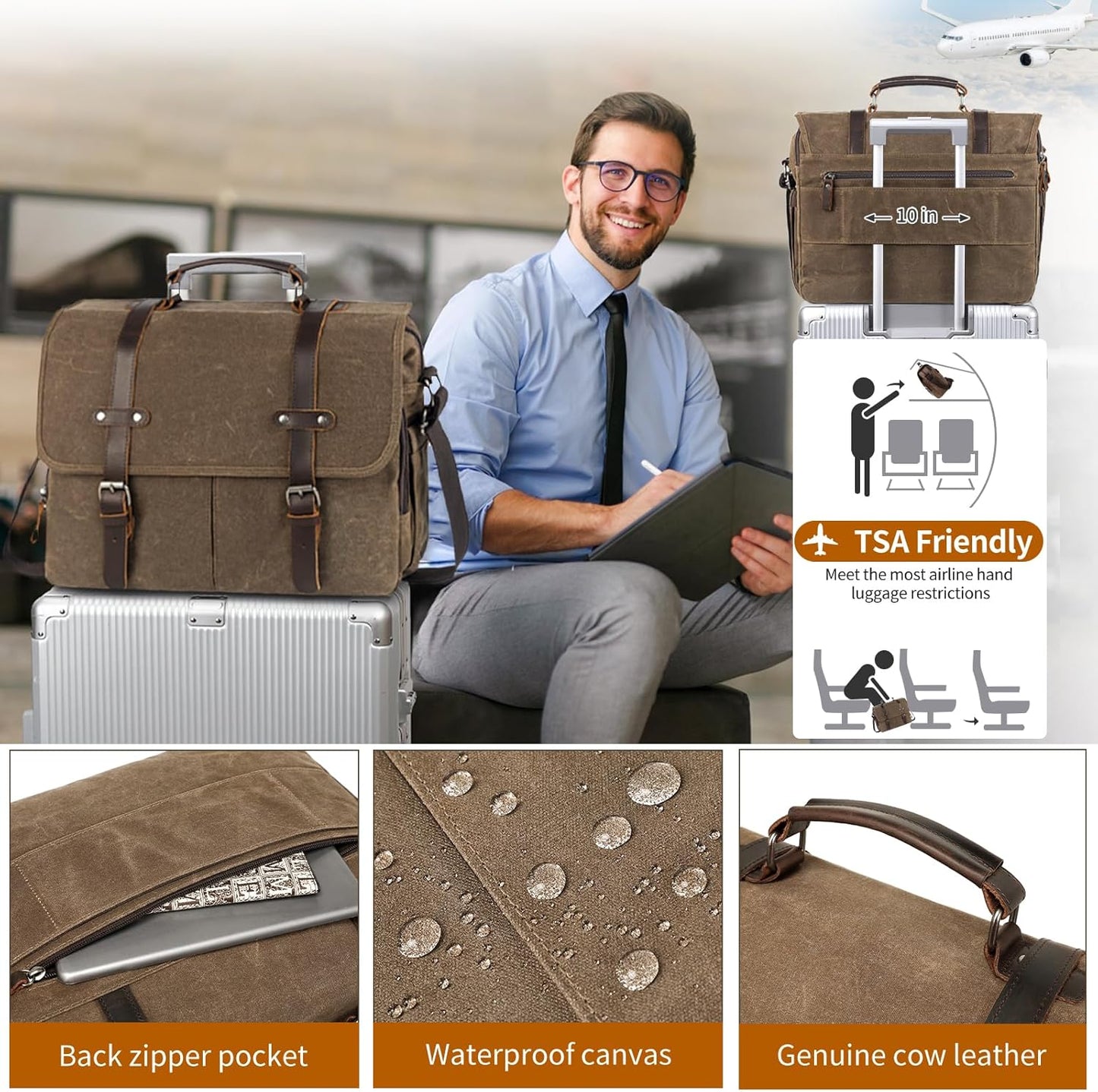 Wogarl 15.6" Messenger Bag for Men: Leather Waxed Canvas Briefcase Large Computer Laptop Bag Handbags Crossbody Bags for Work