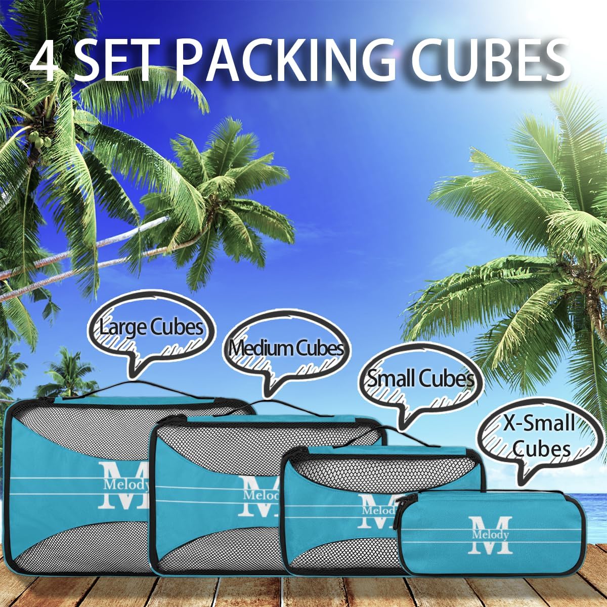 Custom 4 Packing Cubes Set, Lightweight Mesh Travel Luggage Organizers for Travel, Lake Blue Initial Letter 4 Pieces Suitcase Storage Bags