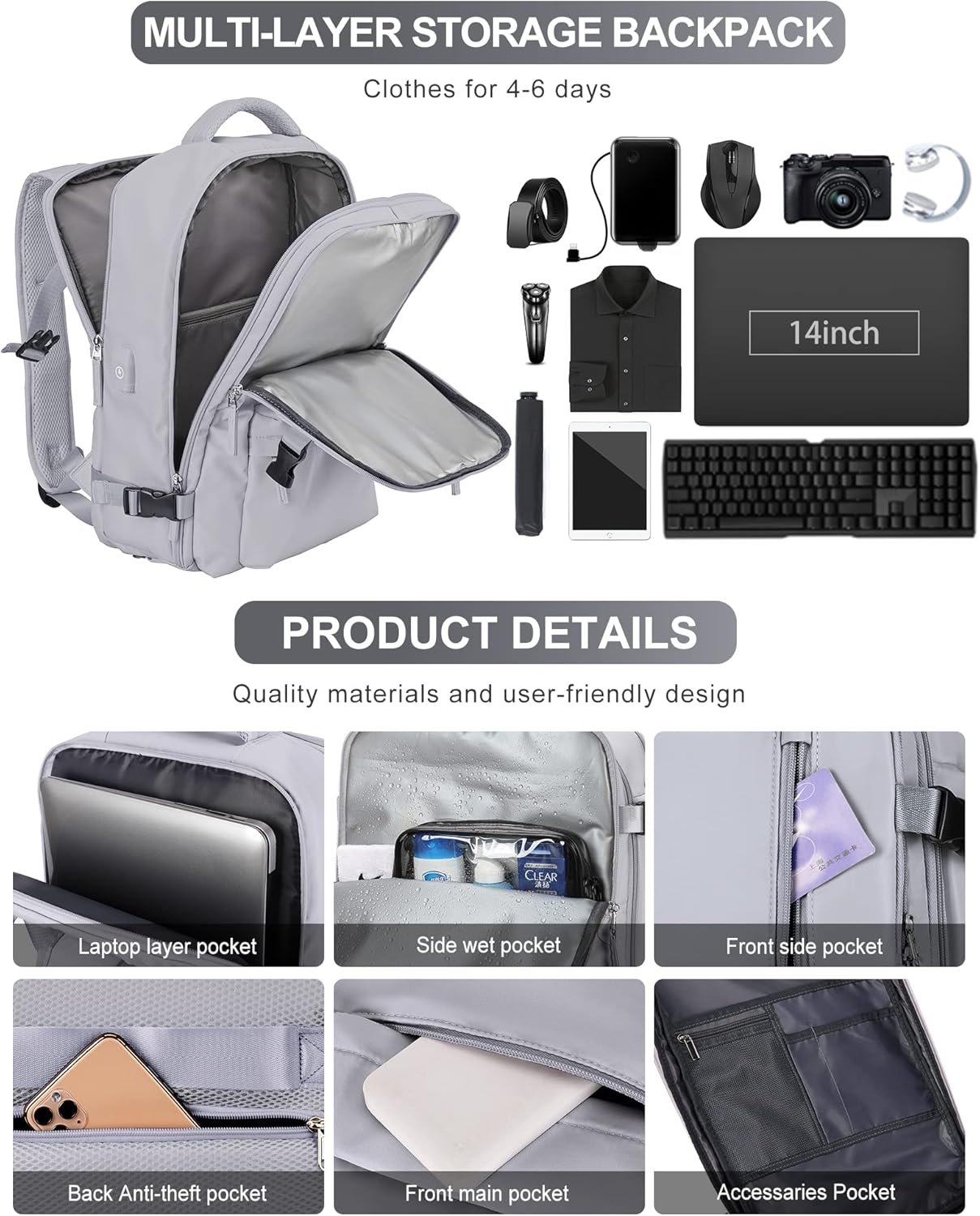 VGCUB Large Travel Backpack Bag for Women Men,Carry on Backpack,17 Inch Laptop Business Work Waterproof Backpack with Laptop Compartment,Person Item Flight Approved,Mochila de Viaje,Grey