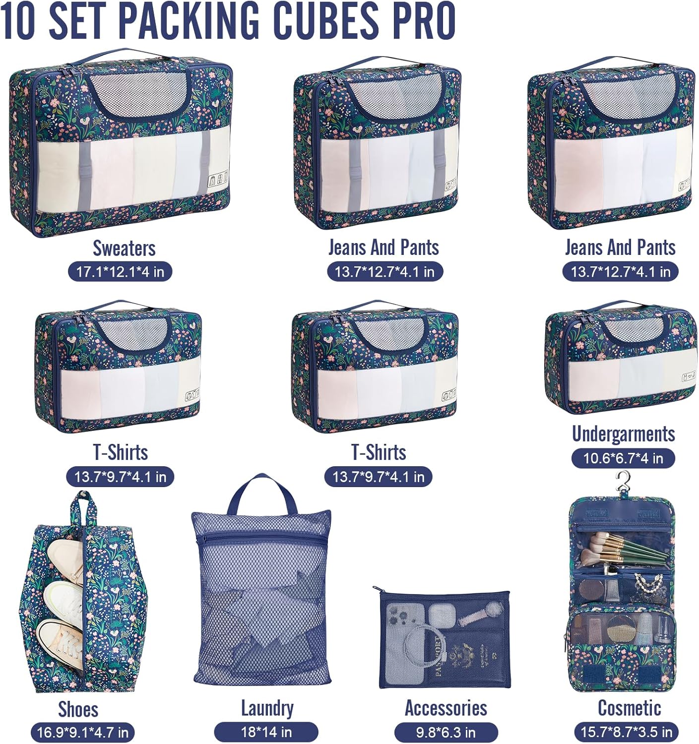 Veken 10 Set Packing Cubes for Travel Essential, Suitcase Organizer Bags in 4 Sizes, Carry-On