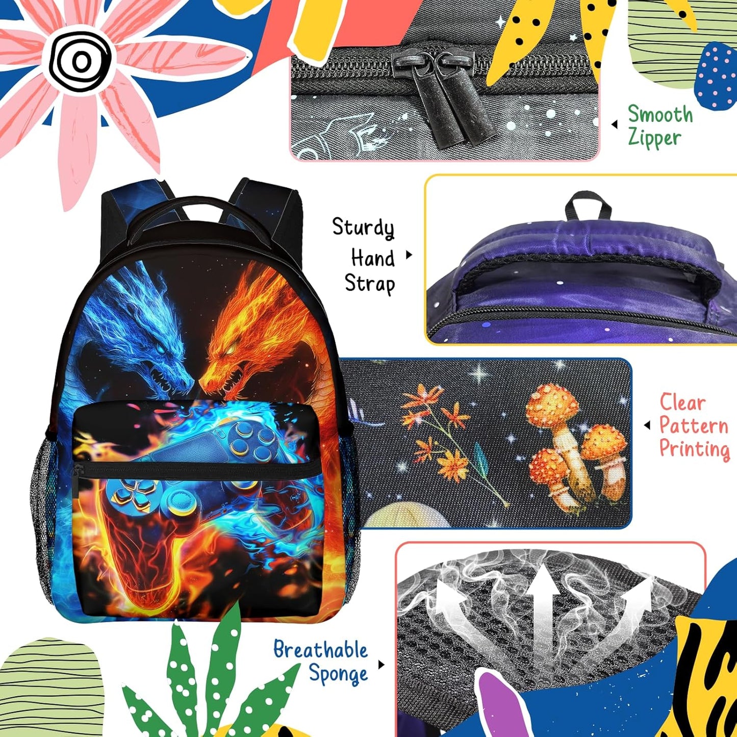 Dragon Game Kids Backpack For Boys Girls Elementary Gamepad Schoolbag Kindergarten Gaming Bookbags Preschool Gamer School Bag Toddler Book Bags Travel Bag Computer Bag Hiking Camping Rucksack Daypack