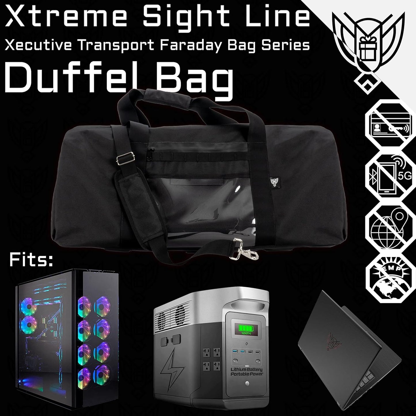 Xtreme Sight Line ~ Xecutive Transport Faraday Duffel Bag with Removable XTECH Pouch for Computer Towers and Other Large Electronics ~ Data Security for Executive Travel ~ Shoulder Strap Included